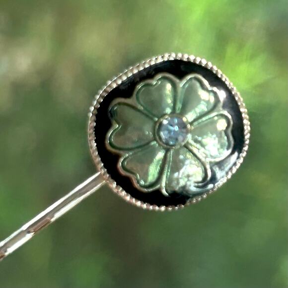 Vintage Enamel Clover Bobby Pin with Rhinestone Center - Picture 1 of 8